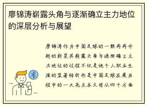 廖锦涛崭露头角与逐渐确立主力地位的深层分析与展望