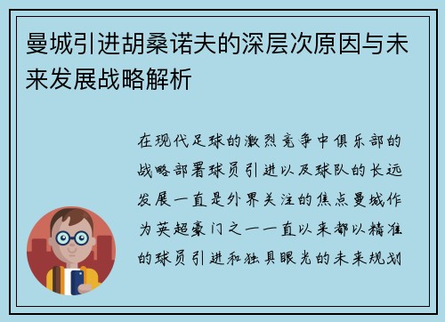 曼城引进胡桑诺夫的深层次原因与未来发展战略解析